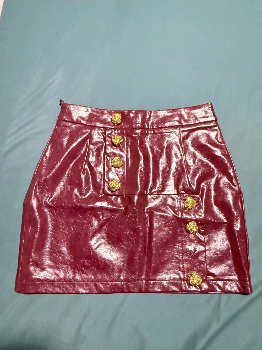 Faux Leather Burgundy Mini Skirt with Gold Button Detail